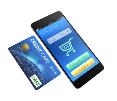 kredi kartı ve beyaz arka plan üzerinde izole smartphone