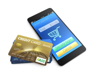 kredi kartları ve beyaz arka plan üzerinde izole smartphone
