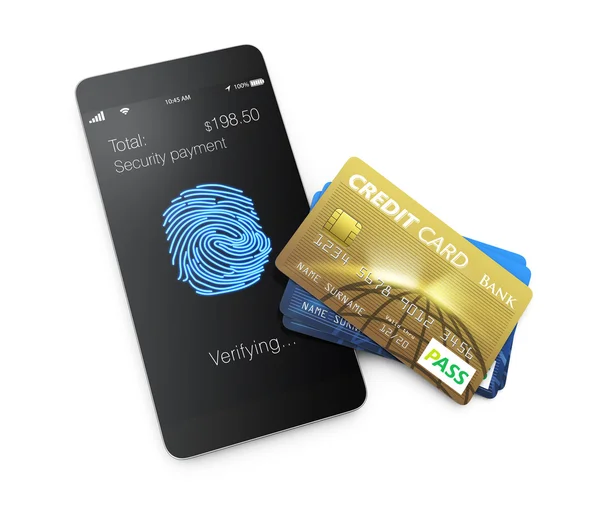Cartões de crédito e smartphone com aplicativo de digitalização de impressões digitais — Fotografia de Stock