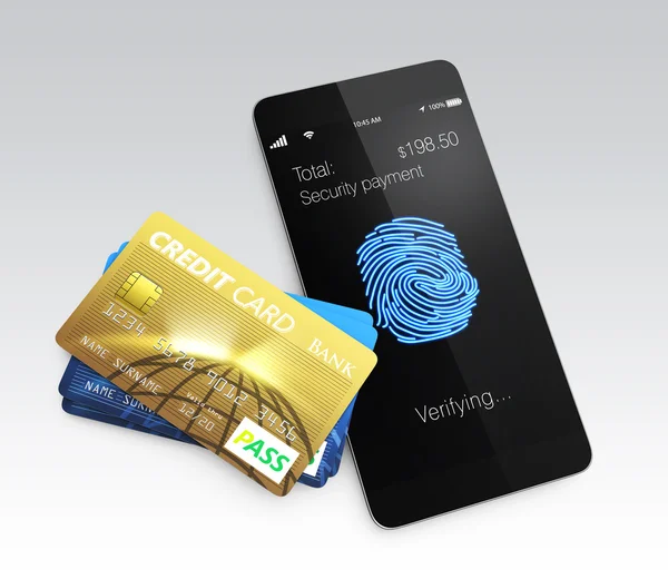 Cartões de crédito e smartphone com aplicativo de digitalização de impressões digitais — Fotografia de Stock