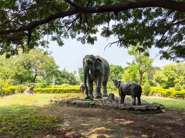 Hermosa Vista Las Esculturas Cemento Familia Elephants Jardín Universidad Gulbarga — Foto de Stock