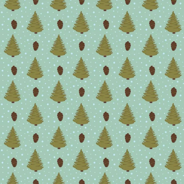 Patrón sin costuras de Navidad con abetos y conos en verde — Vector de stock