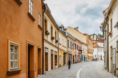 Madalyon, Çek Cumhuriyeti - 19 Ağustos 2021 Ortaçağ 'ın Loket, Elbogen kentindeki cadde manzarası, nehrin yukarısında renkli evler ve taş kale ile birlikte. Tarihi kent merkezi ulusal anıttır..