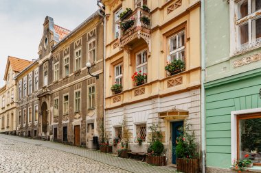 Madalyon, Çek Cumhuriyeti - 19 Ağustos 2021 Ortaçağ 'ın Loket, Elbogen kentindeki cadde manzarası, nehrin yukarısında renkli evler ve taş kale ile birlikte. Tarihi kent merkezi ulusal anıttır..