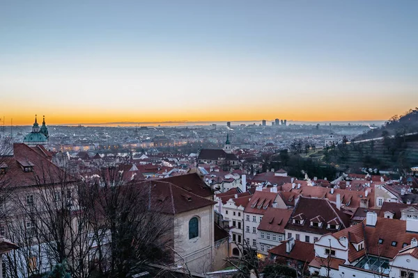 Prager Panorama Und Nikolaus Kirche Bei Sonnenaufgang Tschechische Republik Postkartenansicht — Stockfoto