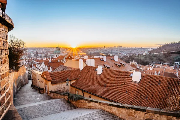 Ville Vide Prague Lever Soleil République Tchèque Vieux Escaliers Château — Photo