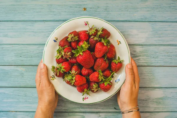 Strawberries Background Woman Hands Holding Fresh Strawberry Plate Freshly Harvested — Foto Stock