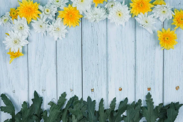 Colección Papel Pintado Flores Primavera Con Crisantemo Blanco Amarillo Madera — Foto de Stock