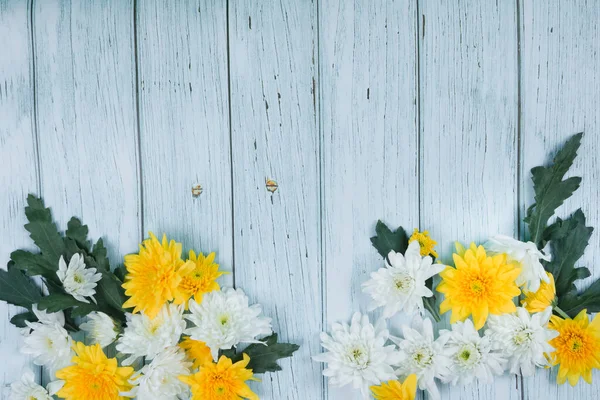 Colección Papel Pintado Flores Primavera Con Crisantemo Blanco Amarillo Madera — Foto de Stock