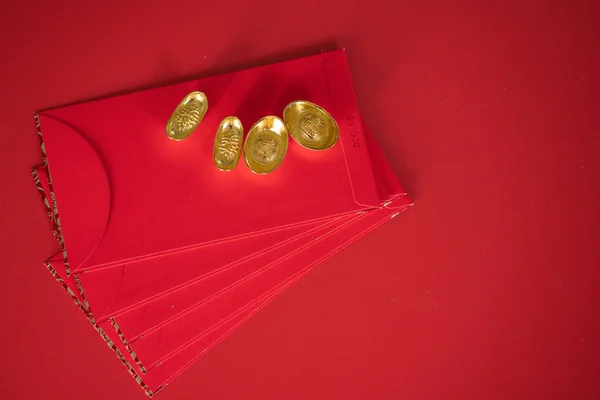 Flatlay Design Chinese New Year Concept Red Envelope Gold Red — Stock Photo, Image