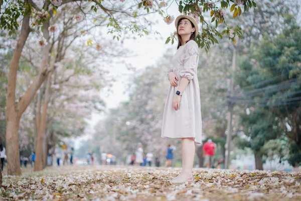 Aziatische Vrouw Solo Reizen Outdoor Met Roze Bloem Het Voorjaar — Stockfoto