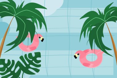 Flamingo kauçuk halkalı yaz aktiviteleri için karikatür ve flamingo tasarımı tropikal ormanlarla birlikte yüzme havuzunda yüzer. 