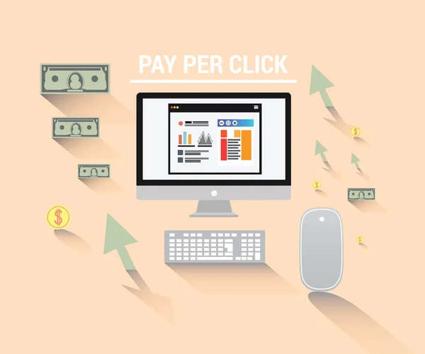 Pay per click with computer and dollars — Stock Vector