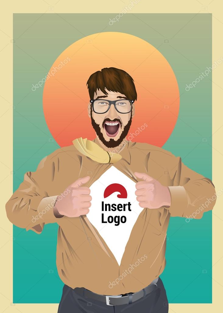 Excited businessman opening shirt to reveal your logo vector