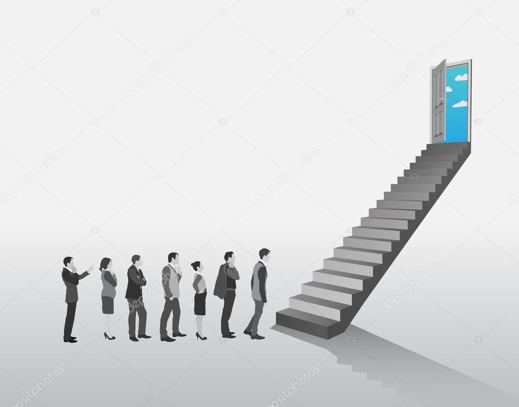 People in queue climb stairs