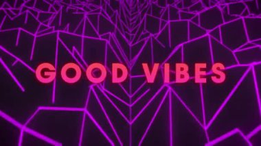 Siyah arkaplandaki açısal mor çizgi manzarası yerine pembe metindeki iyi titreşimlerin animasyonu. dijital arayüz ve sosyal medya mesajlaşma kavramı dijital olarak oluşturulmuş video.