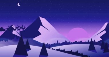 Noel Baba kızağı silueti ve karlı dağ manzarasında uçan ren geyiği. Noel ve tatil konsepti.