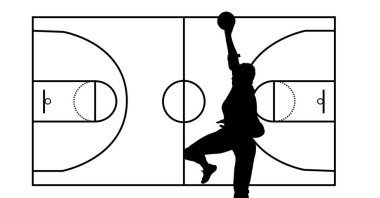 Hentbol oyuncusu silueti beyaz arka planda hentbol sahası düzenine karşı. spor ve yarışma konsepti