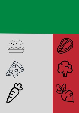 Renkli arka planda fast food ve sebze ikonlarının bileşimi. yiyecek menüsü ve şablon konsepti dijital olarak oluşturulmuş resim.