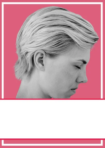 ピンクの背景に黒と白の白人女性の構成 ファッション テンプレートのコンセプトをデジタルで生成し — ストック写真