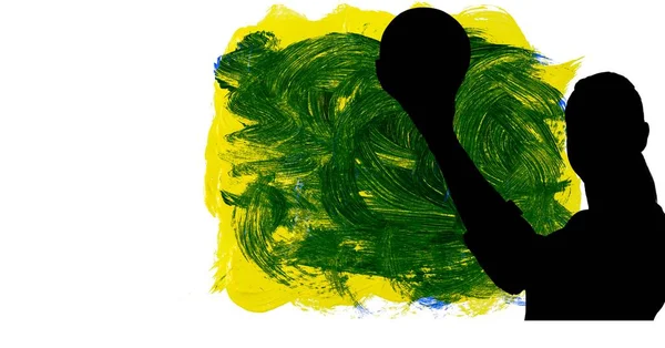 Silhouette Női Kézilabda Játékos Ellen Sárga Zöld Ecset Stroke Fehér — Stock Fotó