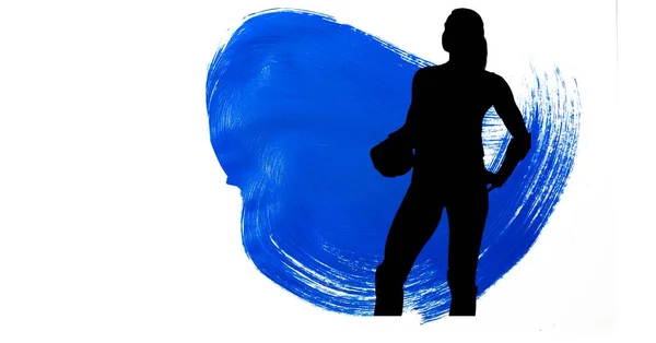 Kadın Hentbolcunun Silueti Beyaz Arka Planda Mavi Boya Fırçası Darbelerine — Stok fotoğraf