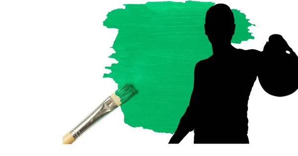 Silhueta Jogador Handebol Feminino Contra Mancha Tinta Verde Pincel Sobre — Fotografia de Stock