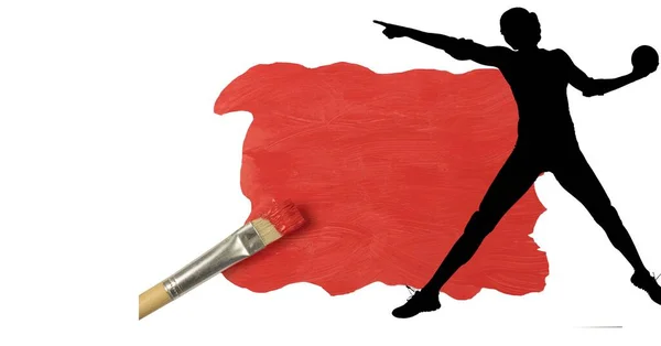 Silhueta Jogador Handebol Feminino Contra Mancha Tinta Vermelha Pincel Sobre — Fotografia de Stock
