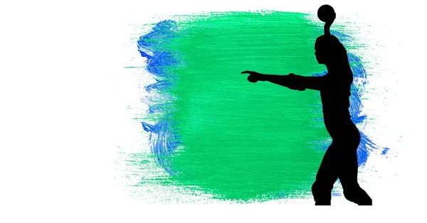 Silhouette Női Kézilabda Játékos Ellen Zöld Kék Festék Ecset Stroke — Stock Fotó