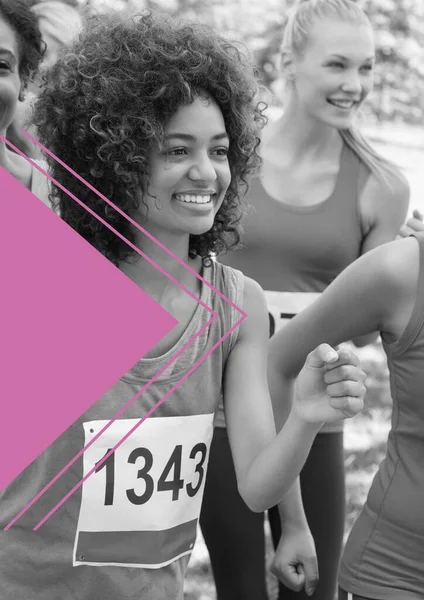 Composition Black White Happy Diverse Group Sportswomen Running Sport Template — Stock Photo, Image