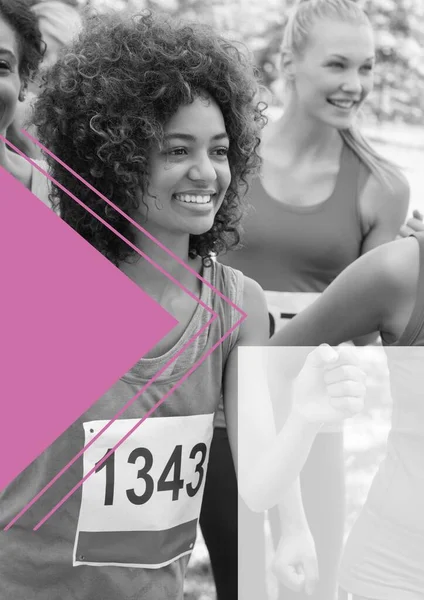 Composition Black White Happy Diverse Group Sportswomen Running Sport Template — Stock Photo, Image