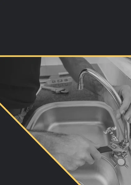 Composition of black and white caucasian plumber fixing tap. plumber services and template concept digitally generated image.