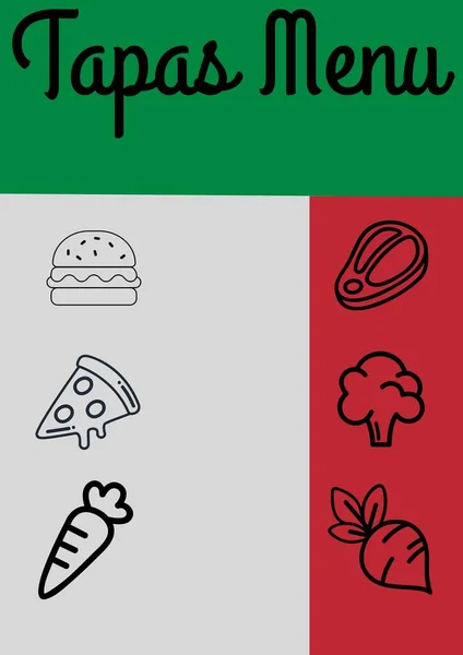 Composição Texto Menu Tapas Ícones Fast Food Vegetais Fundo Colorido — Fotografia de Stock