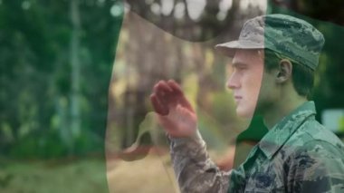 Asker yerine Nijerya bayrağının canlandırılması. küresel vatanseverlik, silahlı kuvvetler ve koruma kavramı dijital olarak oluşturulmuş video.