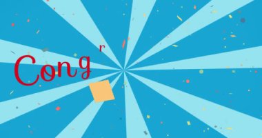 Yüzen konfetilerin animasyonu ve mavi arka planda tebrik metni. parti ve kutlama konsepti dijital olarak oluşturulmuş video.