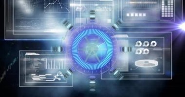 Bilimsel grafik ve veriler üzerindeki işleme çemberinin animasyonu. küresel bilim, bağlantılar ve dijital arayüz konsepti dijital olarak oluşturulmuş video.