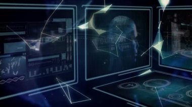 Bilimsel verilerle ekranların üzerinde dönen bir dünya ile el animasyonu. küresel bilim, bağlantılar ve dijital arayüz konsepti dijital olarak oluşturulmuş video.