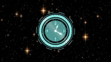 Yıldızlı gökyüzünde hareket eden saat animasyonu. zaman, dijital arayüz ve teknoloji konsepti dijital olarak oluşturulmuş video.