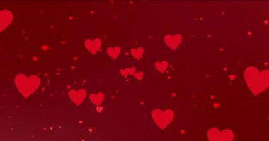 Kırmızı arkaplanda kırmızı kalplerin canlandırılması. Sevgililer Günü, romantizm ve aşk konsepti dijital olarak oluşturulmuş video.