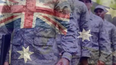 Askerler üzerinde Avustralya bayrağının animasyonu. küresel vatanseverlik, silahlı kuvvetler ve koruma kavramı dijital olarak oluşturulmuş video.