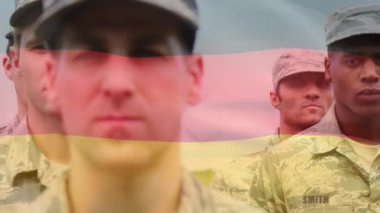 Askerler üzerinde Alman bayrağının animasyonu. küresel vatanseverlik, silahlı kuvvetler ve koruma kavramı dijital olarak oluşturulmuş video.