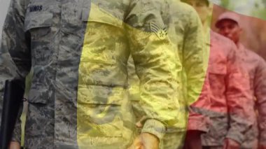 Askerler üzerinde Belçika bayrağının canlandırılması. küresel vatanseverlik, silahlı kuvvetler ve koruma kavramı dijital olarak oluşturulmuş video.