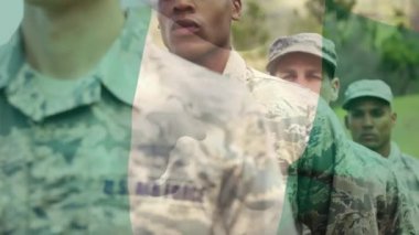 Askerler üzerinde Nijerya bayrağının canlandırılması. küresel vatanseverlik, silahlı kuvvetler ve koruma kavramı dijital olarak oluşturulmuş video.