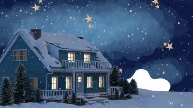 Geceleri evle birlikte kar yağışının animasyonu. Noel, kış, gelenek ve kutlama konsepti dijital olarak oluşturulmuş video.