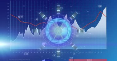 Bilimsel grafik ve veriler üzerindeki işleme çemberinin animasyonu. küresel bilim, bağlantılar ve dijital arayüz konsepti dijital olarak oluşturulmuş video.