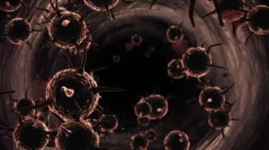 Sokakta yürüyen insanların üzerinde covid 19 hücrenin animasyonu. küresel covid 19 salgın, ilaç ve sağlık hizmetleri konsepti dijital olarak oluşturulmuş video.