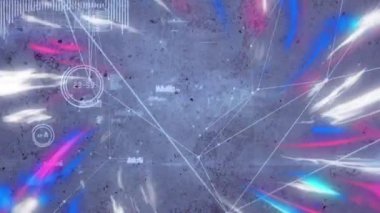 Işıkların animasyonu, renkli lekeler ve gri arkaplanda bağlantılar. küresel ağlar, bağlantılar, veri işleme ve dijital arayüz kavramı