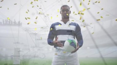 Konfeti animasyonu ve Afrika kökenli Amerikan ragbi oyuncusu üzerinden bağlantı ağı. küresel bağlantılar, spor ve yarışma konsepti dijital olarak oluşturulmuş video.