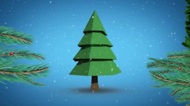 Noel ağacına dönüşme ve mavi arka planda kar yağışının animasyonu. Noel, kış, gelenek ve kutlama konsepti dijital olarak oluşturulmuş video.