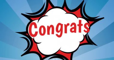 Mavi arkaplandaki konuşma balonunda tebrikler metninin animasyonu. parti ve kutlama konsepti dijital olarak oluşturulmuş video.